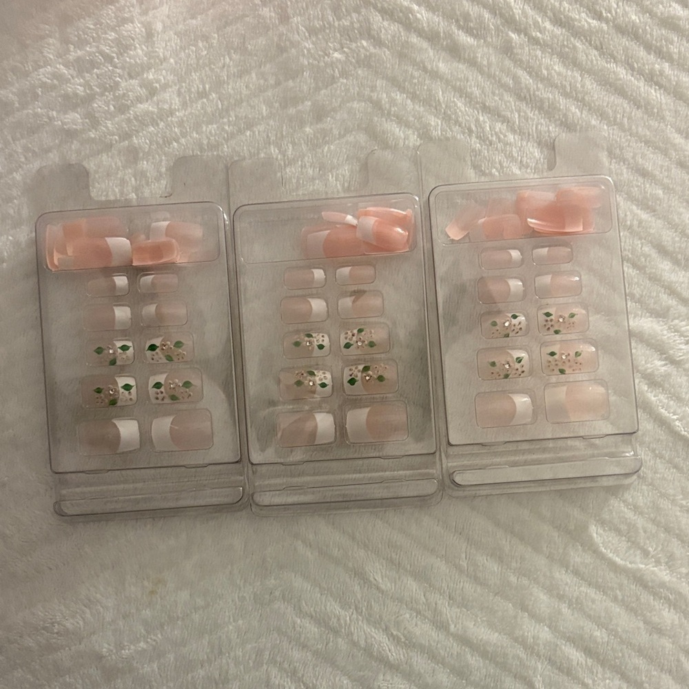 Press-On French Tip Nail Set with Pink Floral Accents